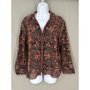 Y2K Vintage Jacket Womens XL Black Mesh Pink Yellow Abstract Zip Sheer Stretch